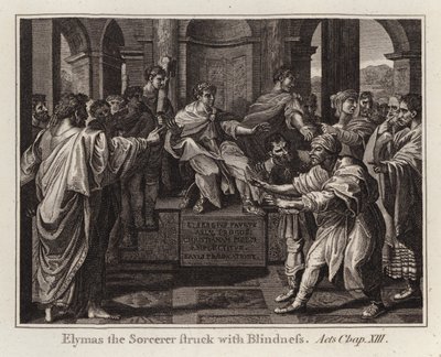 Desenho animado do Raphael: Elymas the Sorcerer Struck with Blindness, Atos, Cap XIII (gravura) de after Raphael