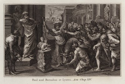Desenho animado do Raphael: Paulo e Barnabé em Lystra, Atos, cap. XIV (gravura) de after Raphael