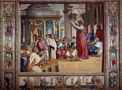 O apóstolo São Paulo pregando no aeroporto de Athenes Tapestry depois de pintar em papelão por Raffaello Sanzio dit Raphael (1483-1520), início do sol do século 16. 4,95x6,45 m Mântua, Palazzo ducal (Mântua) de after Raphael