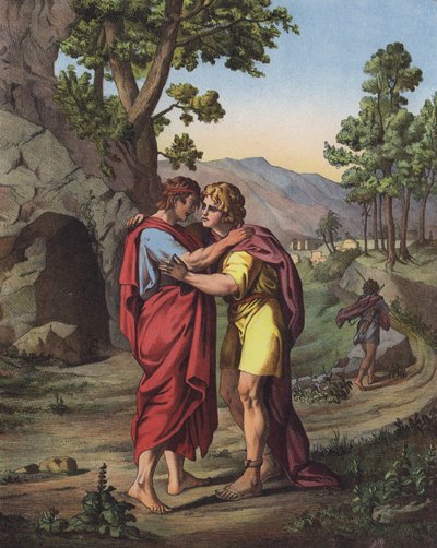 O último encontro de David e Jonathan (cor litho) de after Raphael