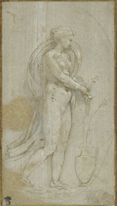 Alegoria da Gramática (ponto metálico sobre superfície preparada a cinzento, acentuado com corpulência branca) de Raphael