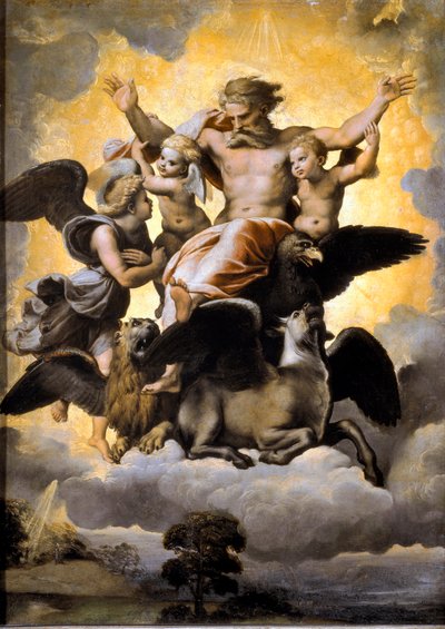 A visão do Ezechiel. Com o tetramorfo rodeado de querubins. (Pintura de Raphael