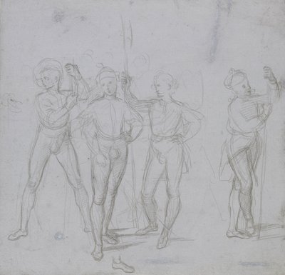 Grupo de quatro Soldados de pé (ponto prateado sobre uma preparação azul-acinzentada em papel não branco) de Raphael