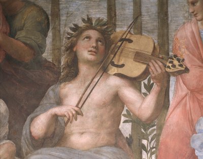 Parnassus, detalhe do Apolo tocando uma viola da braccio, da Stanza della Segnatura de Raphael