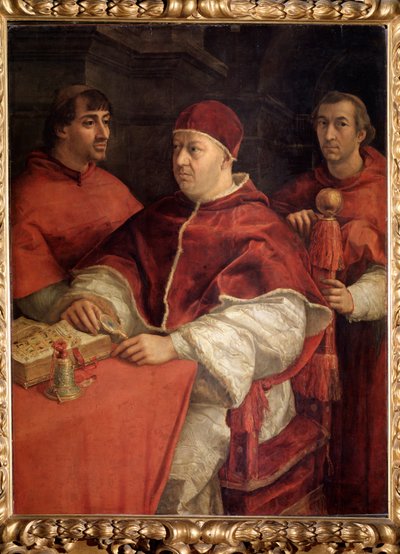 Retrato do Papa Leão X com o Cardeal Louis de Rossi e Giulio de Medici - Óleo sobre madeira de Raphael