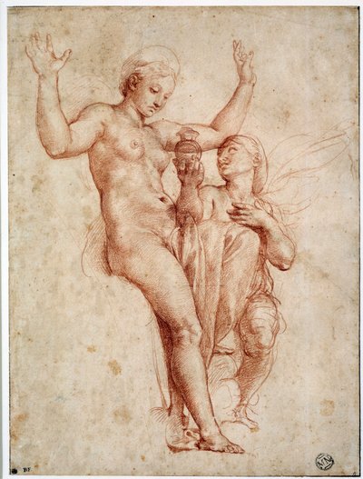Psyche apresentando a Vênus a água do Styx. Desenho a la sanguine de Raffaello Sanzio dit Raphael (1483-1520) de Raphael