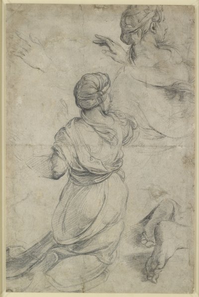 Recto: Estudos para duas mulheres ajoelhadas, WA1846.198 (giz preto) de Raphael