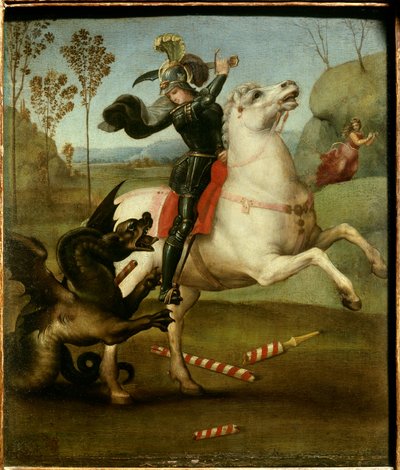 São Jorge Lutando com o Dragão Rafael (1483-1520/Italiano) Óleo sobre Painel de Madeira - "Saint Georges lutando com o dragão" Pintura de Raffaello Sanzio (Raphael) (1483-1520) 1505 Sol. 0,29x0,25 m de Raphael