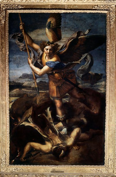 São Miguel derrotando o dragão ou o grande São Miguel Pintura de Raffaello Sanzio dit Raphael (1483-1520) 1518. Sol 2,68x1,6 m Paris musee du Louvre de Raphael