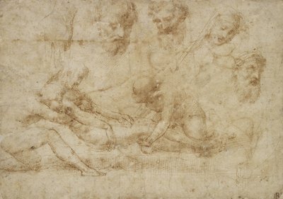 Estudos para uma Deposição (caneta e tinta marrom sobre papel manteiga de cacau) de Raphael