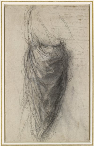 Estudo para o Drapery of a Man in Back View (gizes pretos e brancos com giz preto acastanhado, parcialmente picado, sobre papel de palha pálida) de Raphael