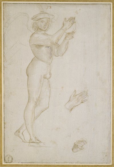 Estudo de um Jovem Fazendo Música (ponto prateado, elevado com cor de corpo, sobre uma preparação cinzento-pedra pálida) de Raphael