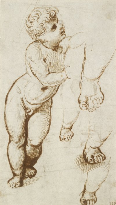 O Cristo Infante e outros Estudos (caneta e tinta marrom escuro sobre indicações preliminares em ponto de chumbo, em papel branco) de Raphael