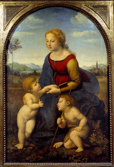 A Virgem tem um filho com o pequeno São João, ou o belo jardineiro Pintura de Raffaello Sanzio dit Raphael (1483-1520) 1507 Sol. 1,22x0,8 m de Raphael