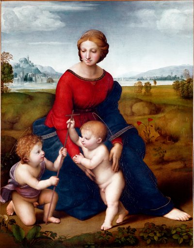 A Virgem na Pradaria ou Nossa Senhora do Mirante Pintura de Rafael (Raffaello Sanzio 1483-1520) 1506 Sol. 113 X 88 cm Museu Kunsthistorisches de Viena de Raphael