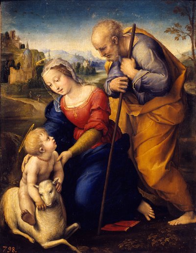 A santa família tem o cordeiro. Pintura de Raffaello Sanzio dit Raphael (1483-1520) de Raphael