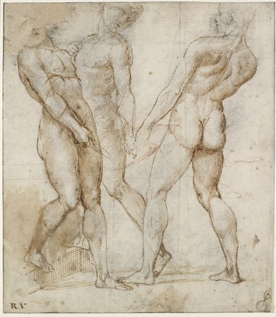 Três portadores nus (estudo para o Entombamento de Cristo), WA1846.173 (caneta e tinta marrom sobre giz preto, com giz vermelho sobre indicações geométricas) de Raphael