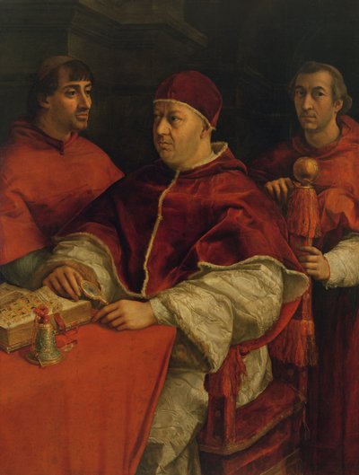Leão X com os cardeais Giulio de Medici e Luigi de Rossi, 1517-18 de Raffaello Sanzio Raphael