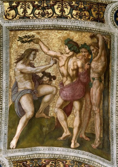 Marsias e Apolo. Fresco de teto em Stanza della Segnatura, ca 1510-1511. de Raphael