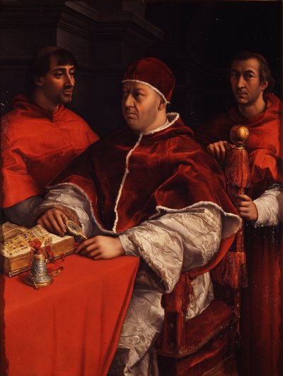 Retrato do Papa Leão X com os cardeais Giulio de Medici e Luigi de Rossi, ca 1518 de Raffaello Sanzio Raphael