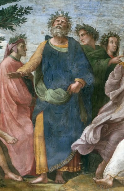 O Parnaso. Detalhe Fresco na Stanza della Segnatura, ca 1510-1511. de Raphael