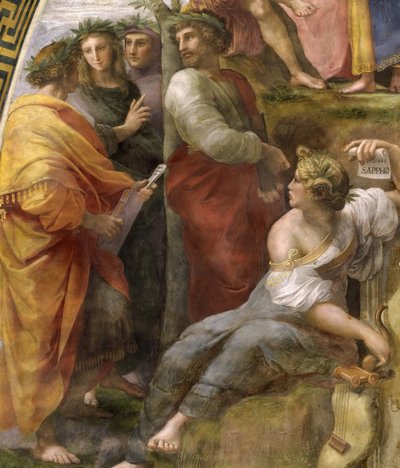 O Parnaso. Detalhe. Fresco na Stanza della Segnatura, ca 1510-1511. de Raphael
