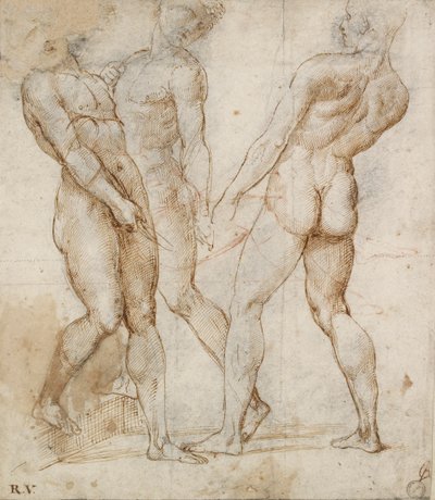 Três portadores nus Estudo para o enterro, início do século XVI de Raphael