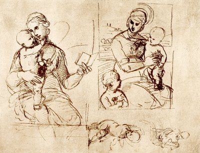 Dois, madonna, estudos de Raffaello Sanzio Raphael