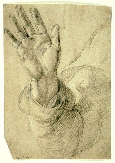 Mão direita levantada, com a palma voltada para fora: Estudo para São Pedro, 1518-20 de Raphael