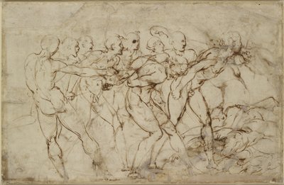 Uma batalha de guerreiros nus com cativos, WA1846.179 (caneta e tinta marrom sobre giz preto) de Raffaello Sanzio Raphael