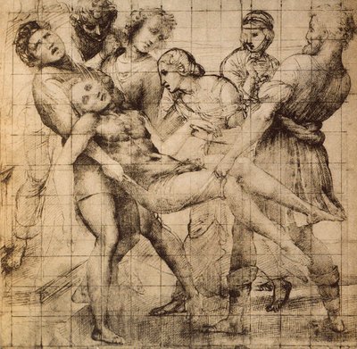 Desenho Preparatório para o Transporte dos Mortos de Cristo; trabalho de Rafael. Uffizi, Florence, Gabinete de Desenhos e Estampas de Raffaello Sanzio Raphael