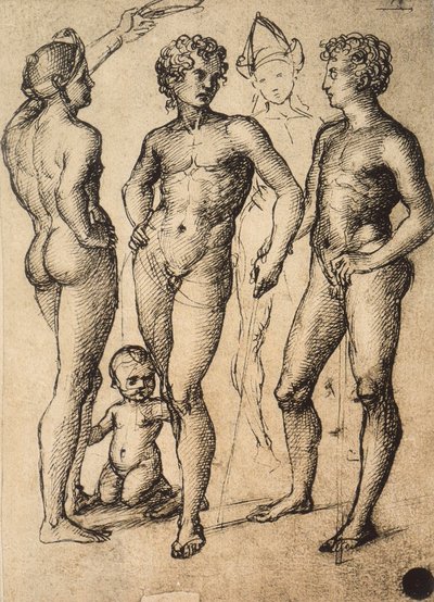 Estudo de quatro figuras masculinas e um bebê; desenho de Raphael. Gallerie dellAccademia, Veneza de Raffaello Sanzio Raphael