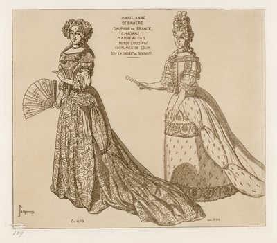 Trajes da corte. Marie Anne da Baviera, Dauphine da França, casada com o filho do rei Luís XIV. Após a obra de arte na coleção Bonnart. de Raphael Jacquemin