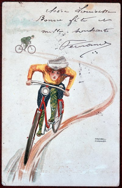 Cartão postal de uma mulher numa bicicleta - desenho de R. Kirchner, c. 1900. de Raphael Kirchner