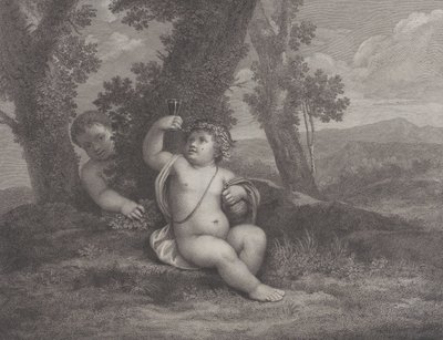O bebê Baco sentado debaixo de uma árvore, segurando uma taça de vinho, com outro bebê atrás..., 1780 de Raphael Morghen
