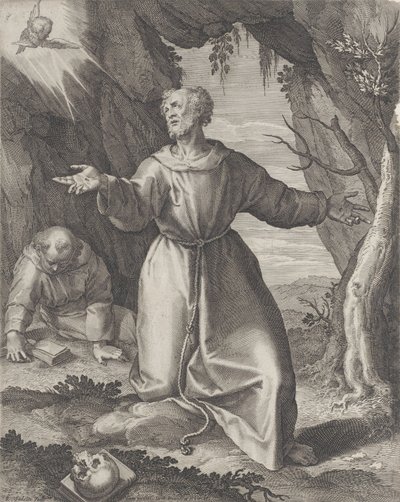 São Francisco ajoelhado com os braços estendidos, olhando para um querubim no canto superior esquerdo,..., 1599. de Raphael Sadeler