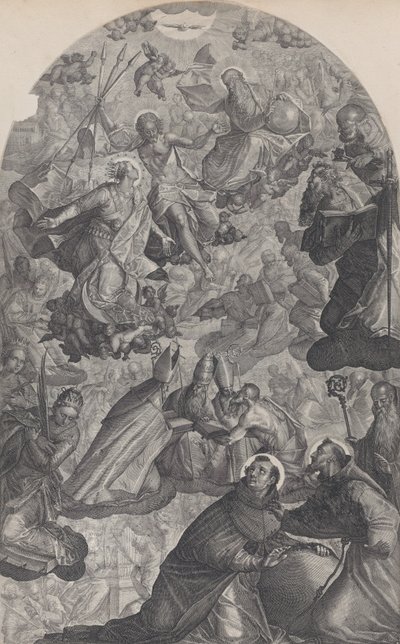 A visão de São Domingos, com Deus Pai e Cristo no centro superior, a Virgem stan..., 1607. de Raphael Sadeler II