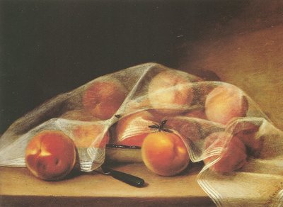 Peças de fruta com pêssegos cobertos por um lenço-raphaelle peale de Raphaelle Peale