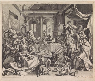 Alegoria da riqueza, luxúria e estupidez Stvltitiam Pativnvr opes (título no objeto) de Raphaël Sadeler (I)