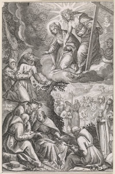 Cristo e a Virgem Maria aparecem a São Francisco e à sua ordem de Raphaël Sadeler (I)