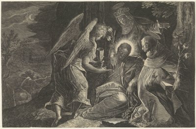 Cristo é consolado no Getsêmani por um anjo, São Domingos e Santa Catarina de Sena Espelho de obediência Perfectissimvm Obedientiae Specvlvm (título no objeto) Espelhos de obediência, castidade e pobreza (título da série) de Raphaël Sadeler (II)