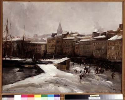 Quai du port, Marselha, sob a neve Pintura de Raymond Allegre (1857-1933) Dim. 56x74 cm. Menção obrigatória: coleção de fundação Regards de Provence Marseille de Raymond Allegre