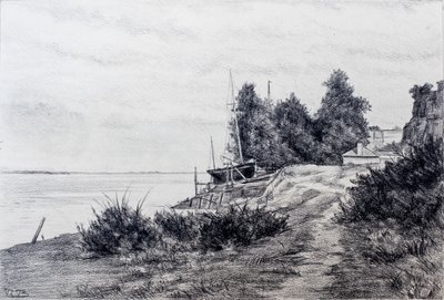 Estaleiro naval no estuário do Gironde (lápis e carvão sobre papel) de Raymond Bonnefon