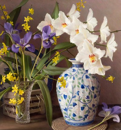 Orquídea com um vaso japonês (óleo sobre tábua) de Raymond Booth