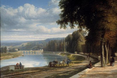 Caminhe até o Parc de Saint Cloud Detail nas margens do Sena, cavalos no caminho de sirga. Pintura de Raymond Esbrat (1809-1856) 1850 Roanne. Museu Joseph Dechelette de Raymond Esbrat