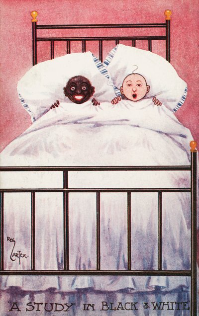 Crianças em preto e branco em uma cama (lito colorido) de Reg Carter