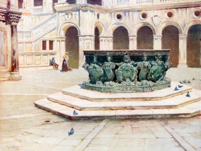 Cabeça de poço em bronze de Alberghetti, pátio do Palazzo Ducale (litografia a cores) de Reginald Barratt