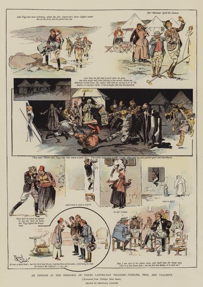 Um episódio no progresso de três peregrinos dos últimos dias, Tiddler, Tigg e Tallboys (cromolitho) de Reginald Thomas Cleaver