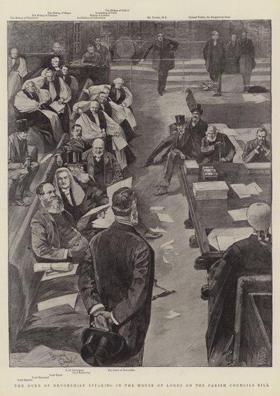 Discurso do Duque de Devonshire na Câmara dos Lordes sobre o projeto de lei relativo aos Conselhos Paroquiais (gravura) de Reginald Thomas Cleaver