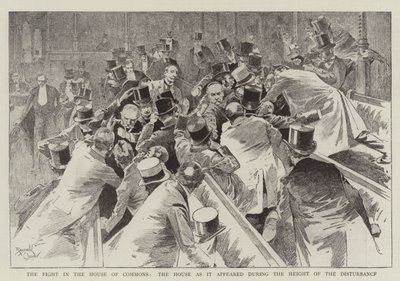 A luta na Câmara dos Comuns, a Câmara tal como se apresentou no auge da perturbação (gravura) de Reginald Thomas Cleaver